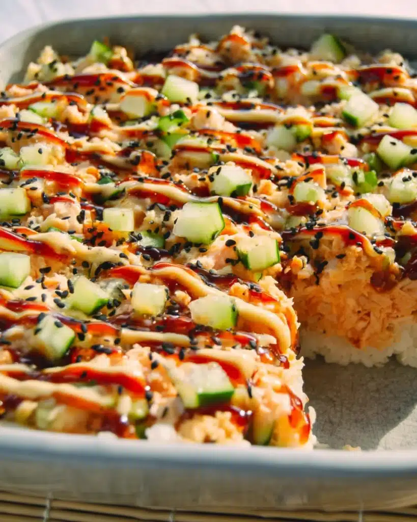 Easy sushi bake with creamy crab, cucumber, and spicy mayo drizzle in a white dish