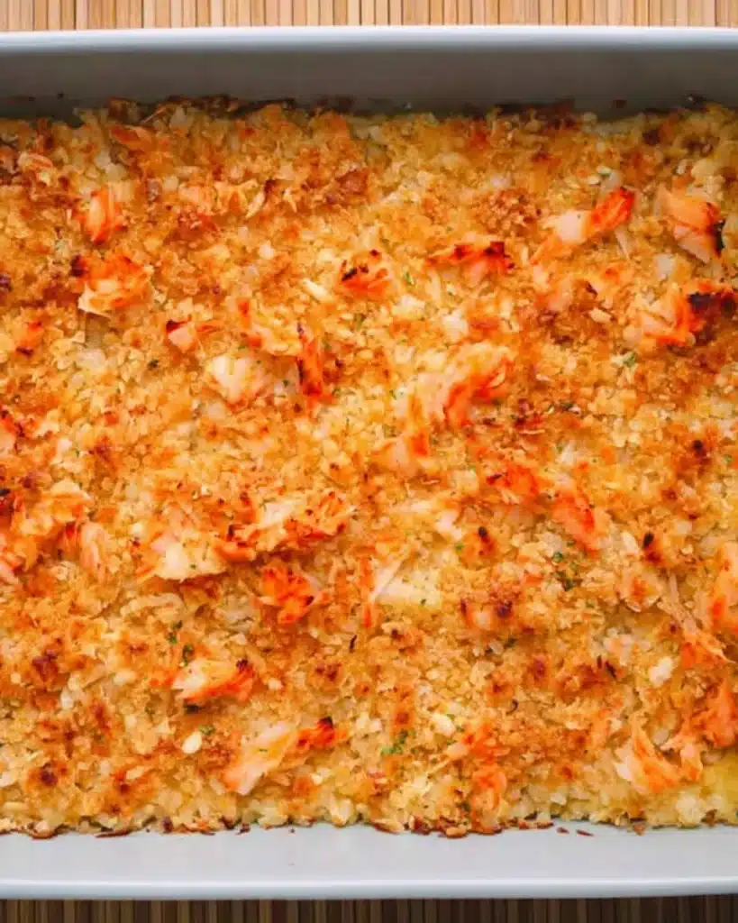 Freshly baked sushi bake with golden crab topping in a white dish