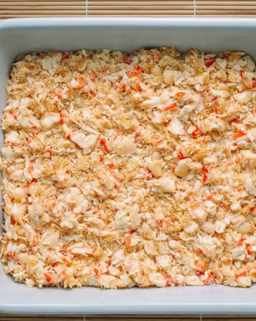 Unbaked sushi bake with creamy crab mixture in a white dish