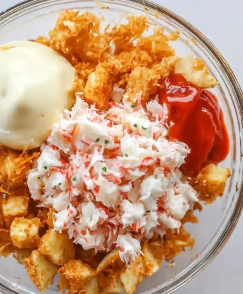 Ingredients for easy sushi bake crab mix with cream cheese, mayo, and sriracha