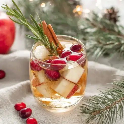Festive white Christmas sangria with cranberries, apple cubes, rosemary, and cinnamon sticks