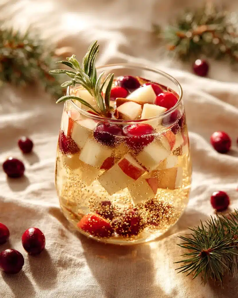 Festive white Christmas sangria with apples, cranberries, cinnamon, and rosemary