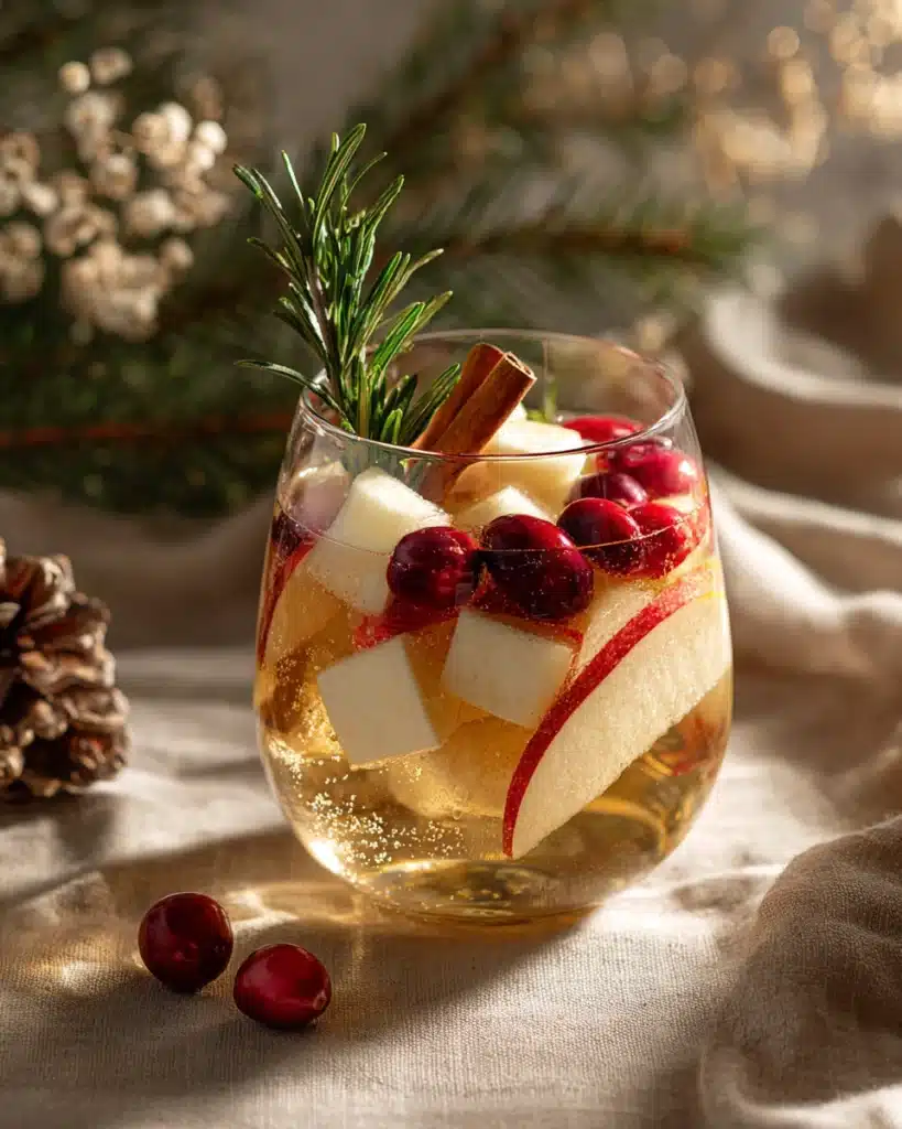 Festive white Christmas sangria with apples, cranberries, cinnamon, and rosemary