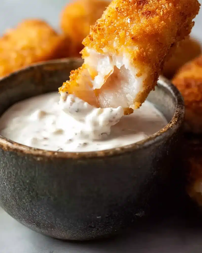 Fish Fingers Recipe – Crispy and Delicious Seafood Snack 4 Crispy baked fish finger dipped in tartar sauce close-up