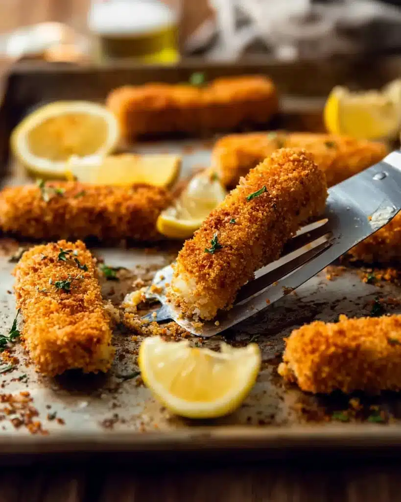Fish Fingers Recipe – Crispy and Delicious Seafood Snack 2 Golden crispy Fish Fingers recipe on a baking tray with lemon wedges