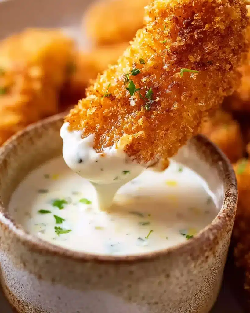 Fish Fingers Recipe – Crispy and Delicious Seafood Snack 3 Crispy fish finger dipped in creamy tartar sauce close-up