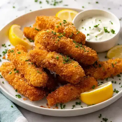 Fish Fingers Recipe – Crispy and Delicious Seafood Snack 5 Golden crispy fish fingers with lemon wedges and tartar sauce on a white plate