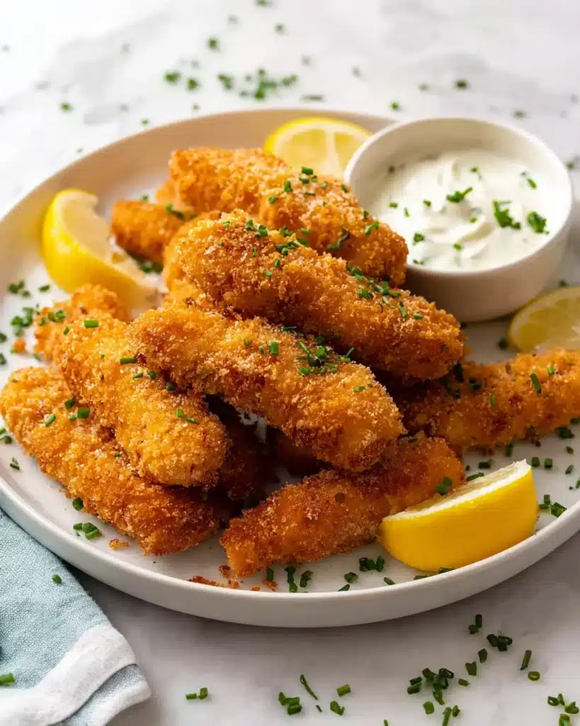 Fish Fingers Recipe – Crispy and Delicious Seafood Snack 1 Golden crispy fish fingers with lemon wedges and tartar sauce on a white plate