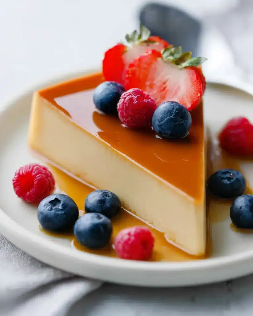 Flan Recipe (Perfect Creamy Caramel Custard for Christmas) 2 Slice of creamy caramel flan with berries on a plate for a Christmas flan recipe.