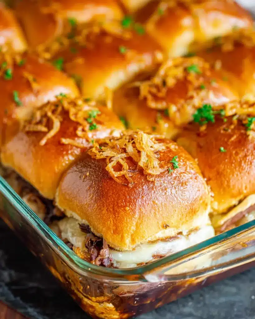 Golden baked French Dip Sliders with roast beef, melted cheese, and crispy onion topping