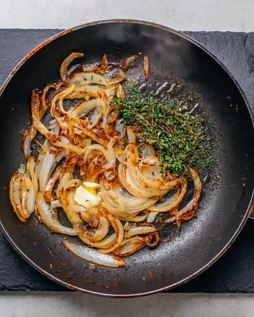 Caramelized onions with herbs cooking in a skillet for French Dip Sliders
