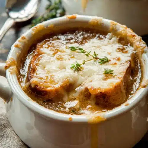French onion soup with melted cheese and toasted bread in a white bowl