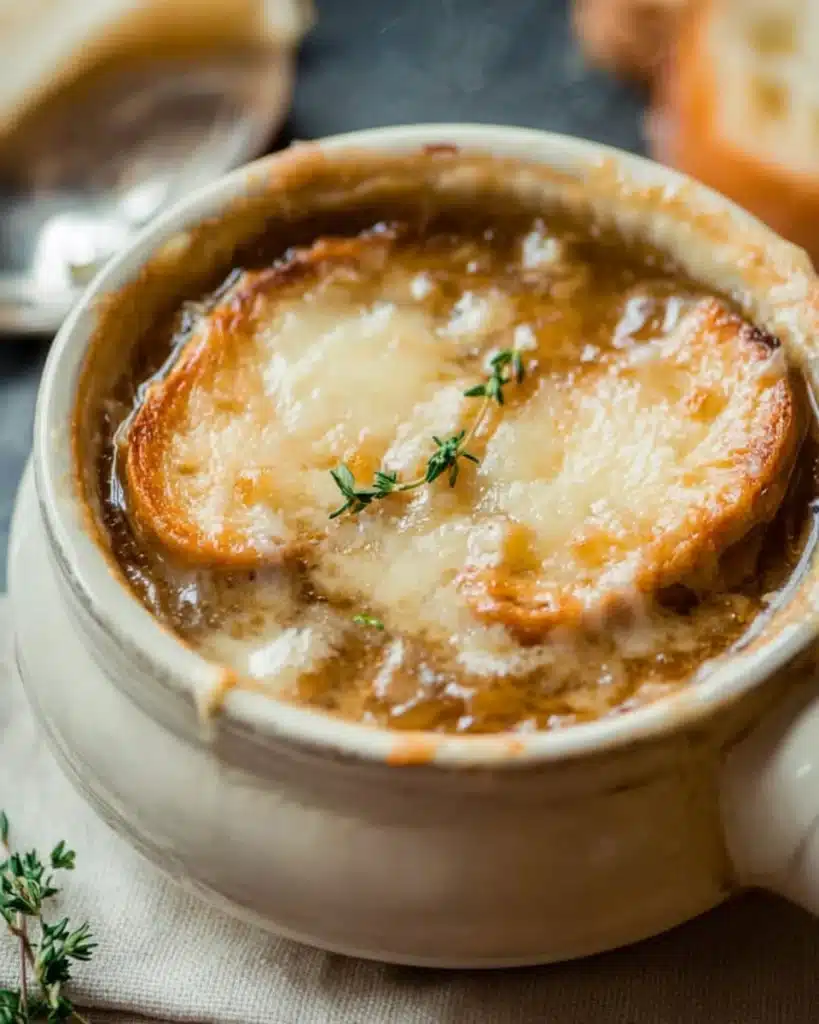 French onion soup in a white bowl with melted cheese and thyme sprig