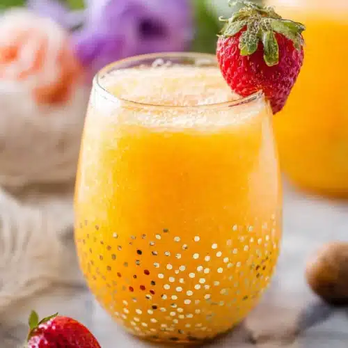 Frozen peach Bellini cocktail with strawberry garnish in a gold-dotted glass on marble