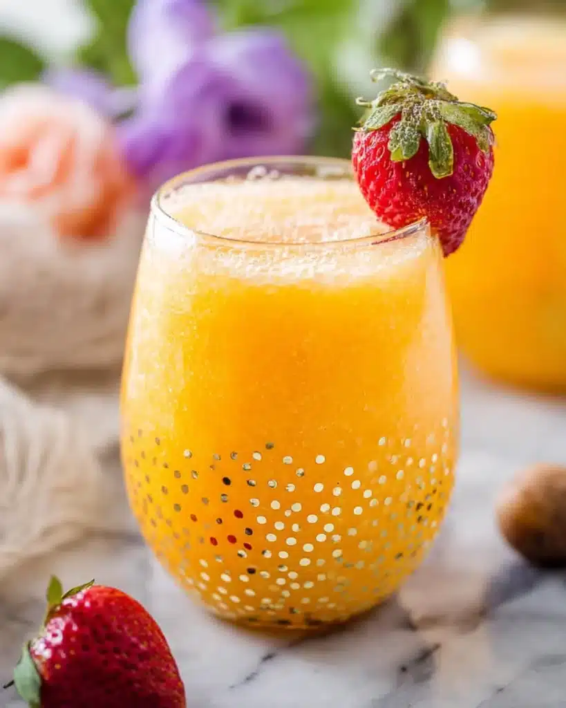 Frozen peach Bellini cocktail with strawberry garnish in a gold-dotted glass on marble