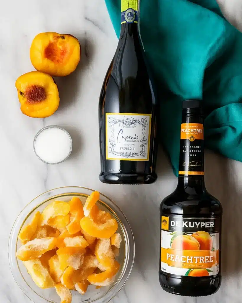 Frozen peach Bellini ingredients with Prosecco, peach schnapps, and peaches on marble