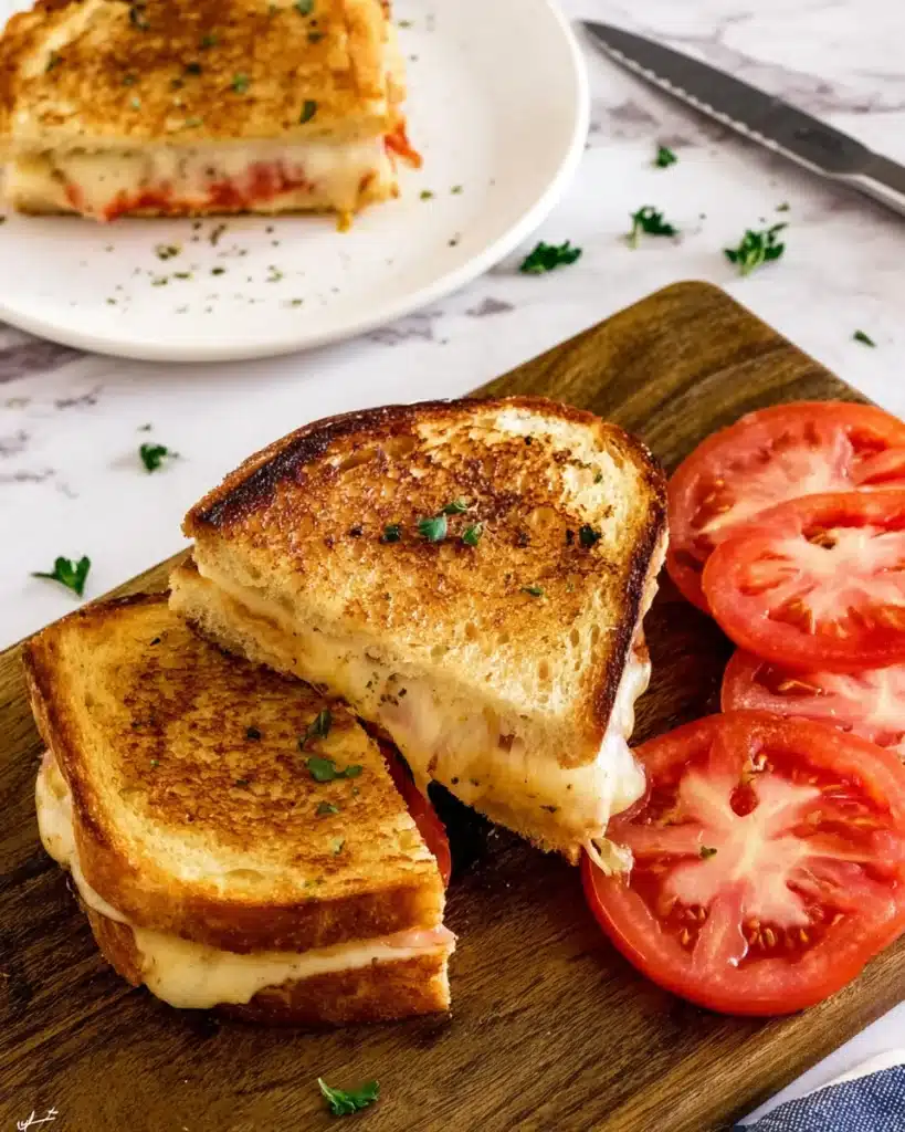 Crispy garlic bread grilled cheese sandwich sliced on wooden board