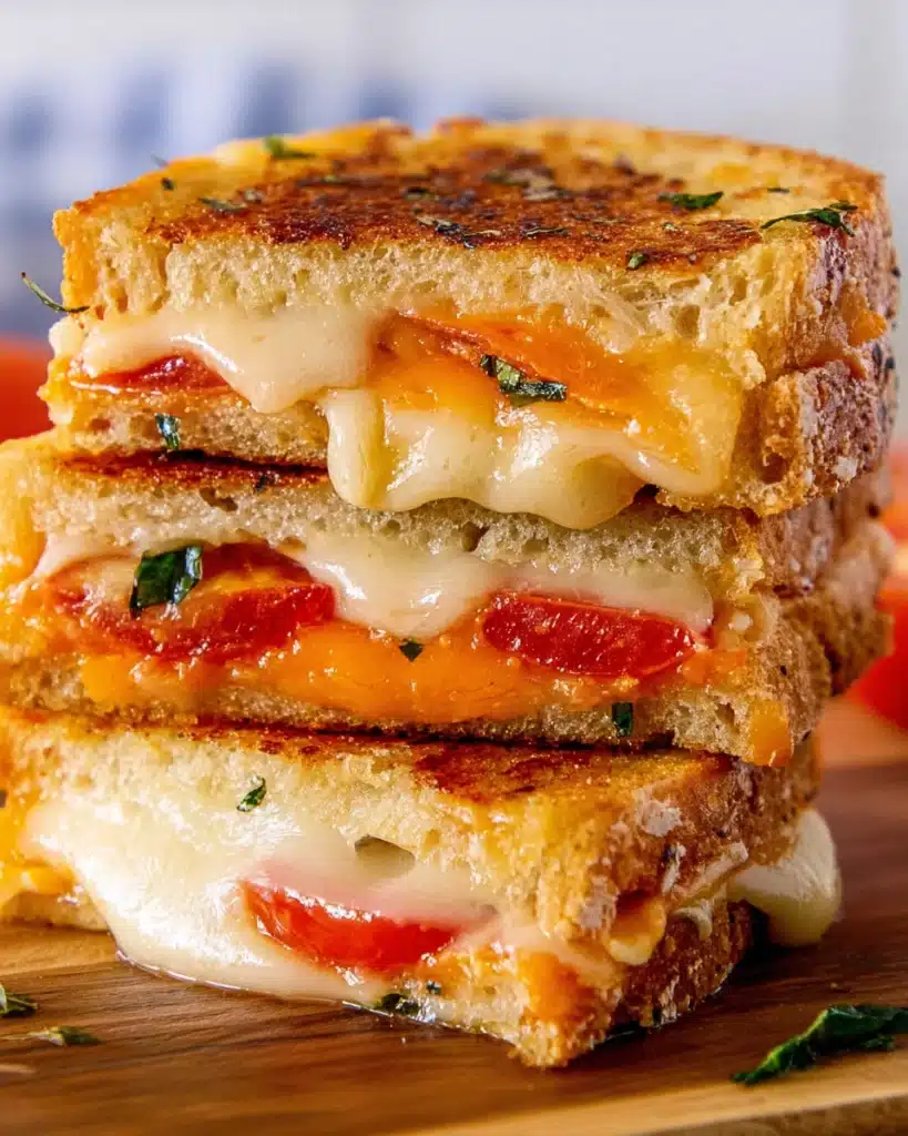 Stacked garlic bread grilled cheese sandwich with melted cheddar and provoloneStacked garlic bread grilled cheese sandwich with melted cheddar and provolone