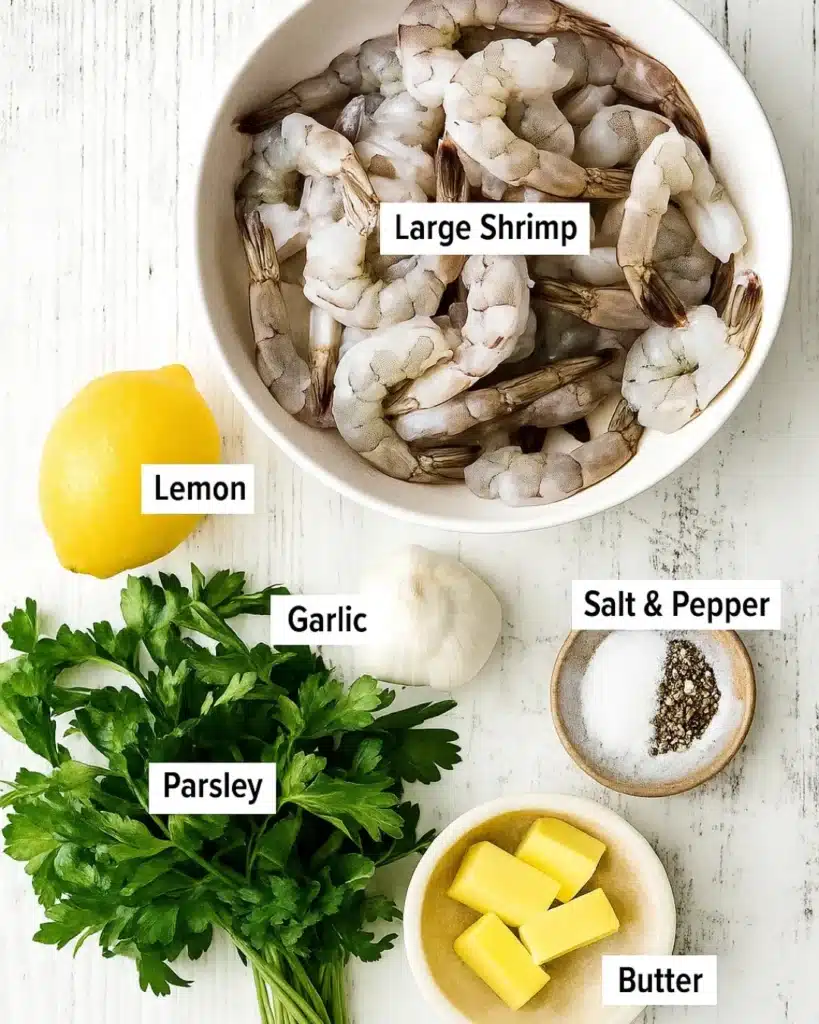 Garlic Butter Shrimp (Quick & Easy 10-Minute Recipe) 2 Garlic Butter Shrimp ingredients with lemon, parsley, garlic, butter, and shrimp