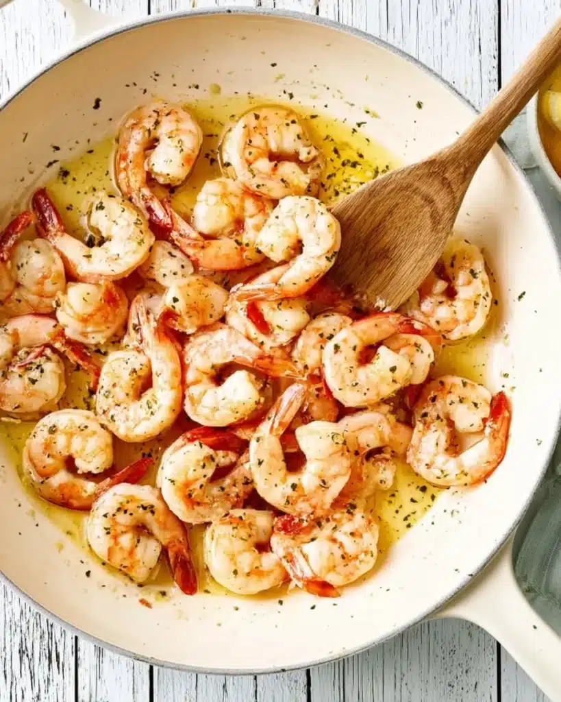 Garlic Butter Shrimp (Quick & Easy 10-Minute Recipe) 3 Garlic Butter Shrimp sizzling in skillet with wooden spoon
