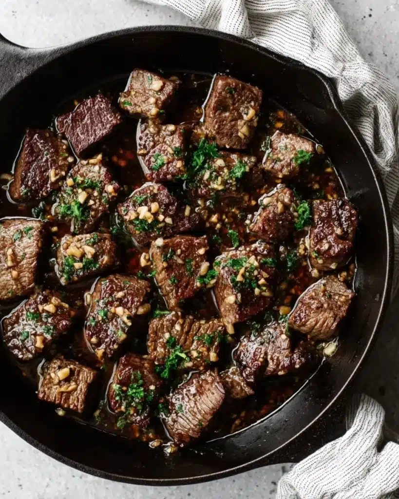Garlic butter steak bites in skillet with herbs and sauce