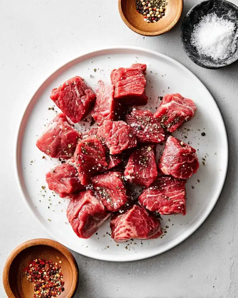 Raw steak cubes seasoned with salt, pepper, and chili for Garlic Butter Steak Bites