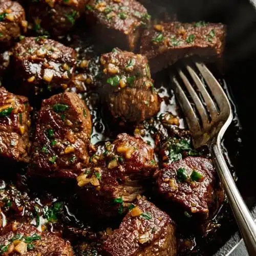 Garlic butter steak bites in skillet with herbs and sauce