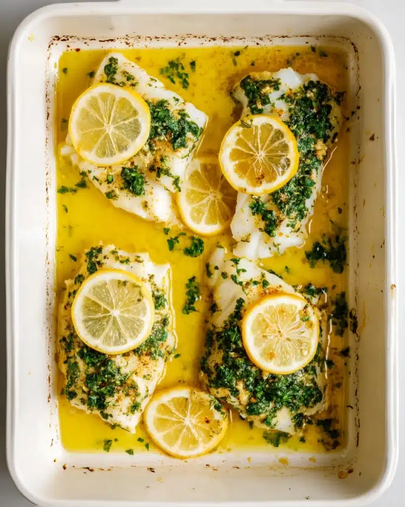 Garlic Herb Baked Cod 4 Baked cod fillets with garlic herb butter and lemon slices in white dish