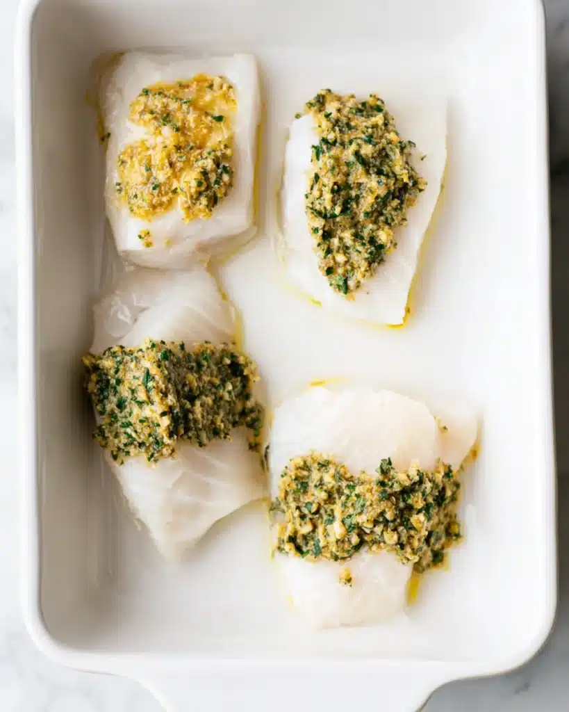 Garlic Herb Baked Cod 3 Raw cod fillets with garlic herb butter in white baking dish