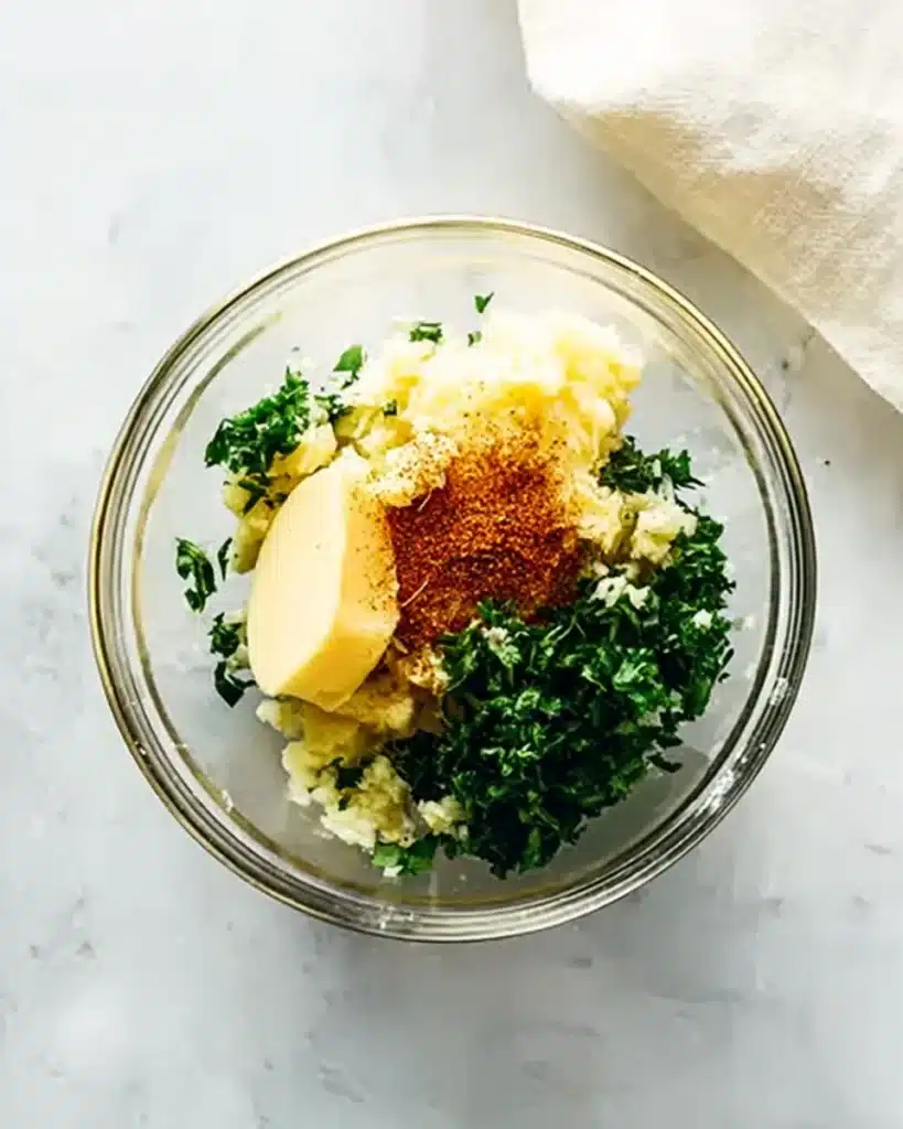 Garlic Herb Baked Cod 2 Glass bowl with butter, garlic, herbs, and paprika for garlic herb baked cod