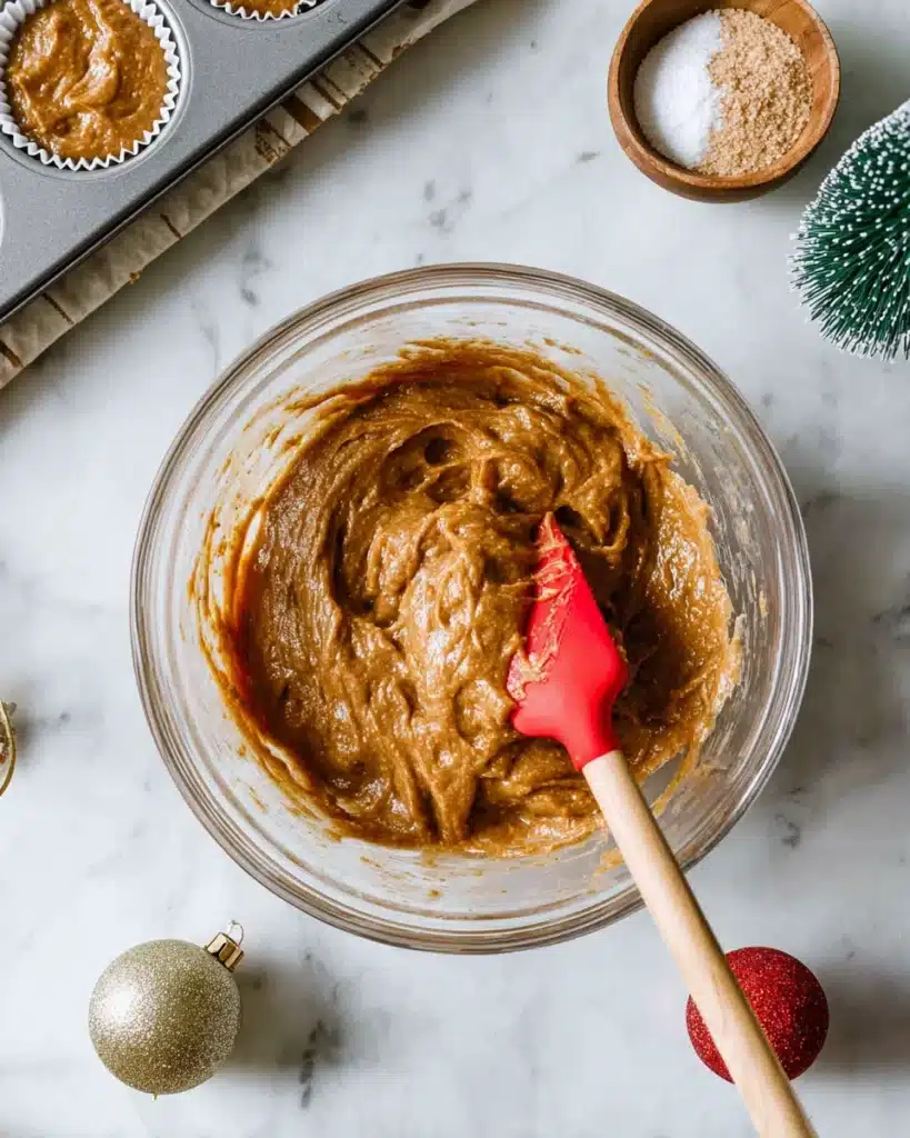 Gingerbread Muffins 2 Gingerbread muffin batter in glass bowl with red holiday spatula