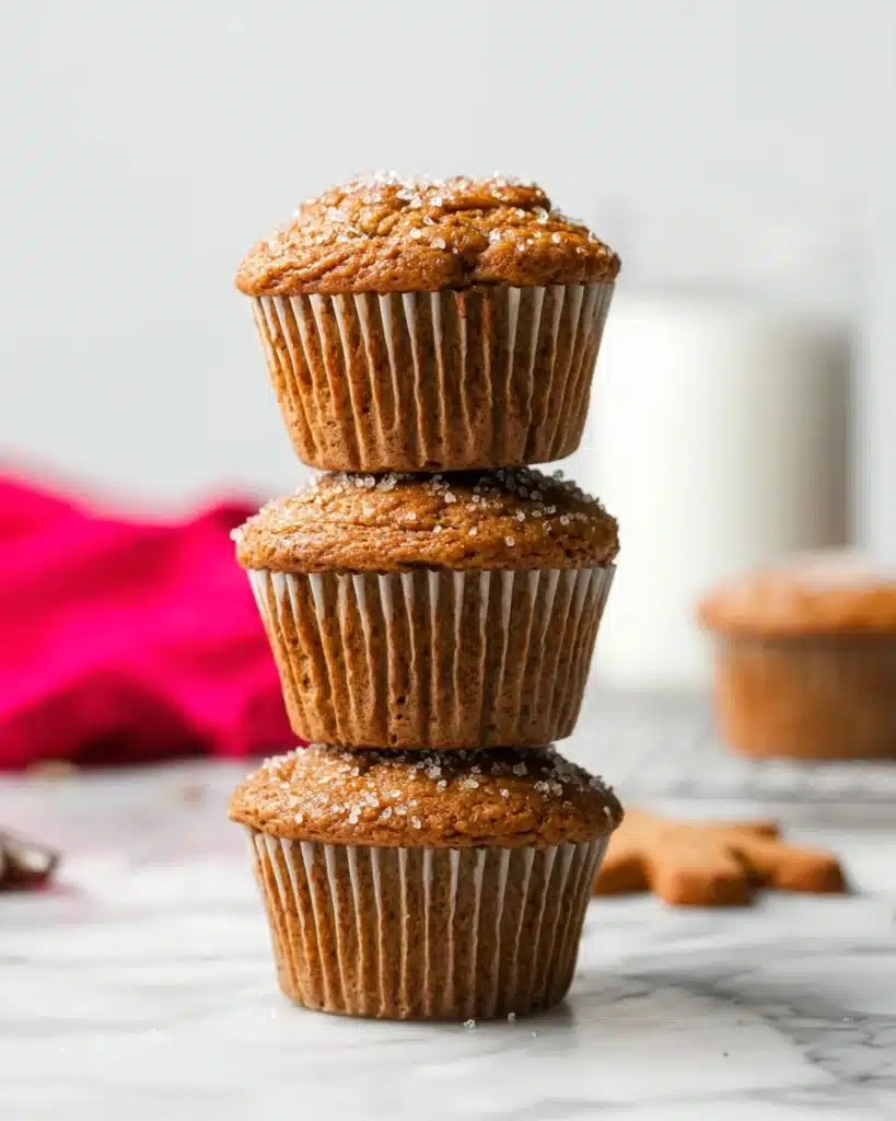 Gingerbread Muffins 6 Stack of three golden gingerbread muffins with sugar tops