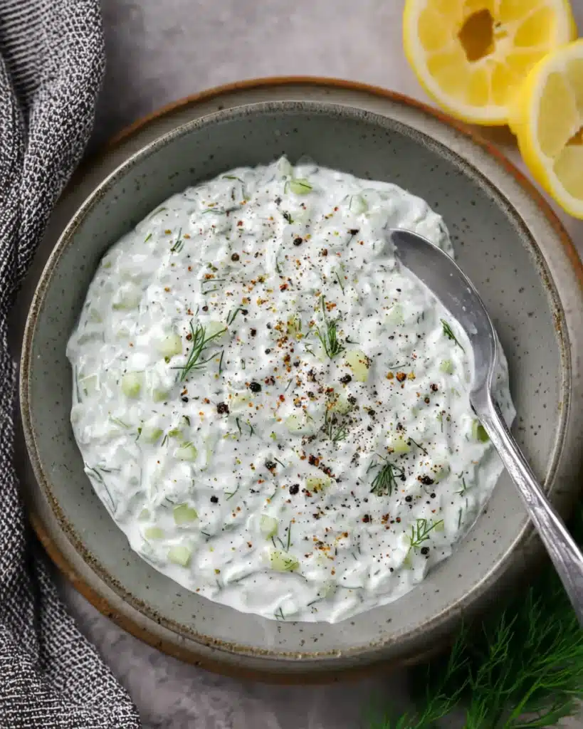 Creamy Greek tzatziki sauce in a gray bowl with dill and lemon