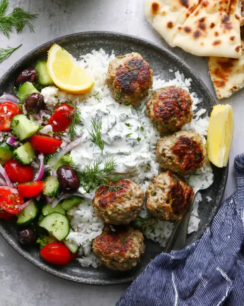 Greek turkey meatballs with tzatziki, rice, and fresh Greek salad on a plate