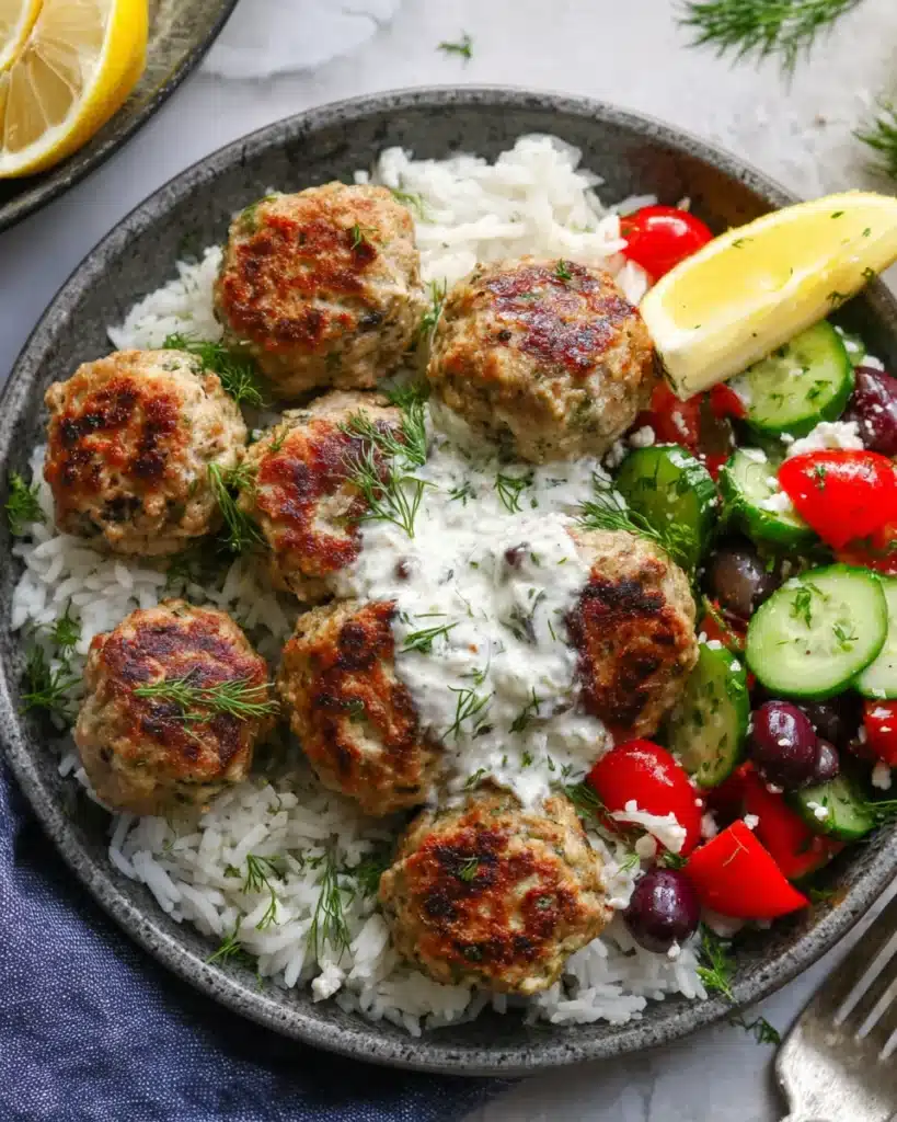 Greek turkey meatballs with tzatziki, rice, and fresh Greek salad