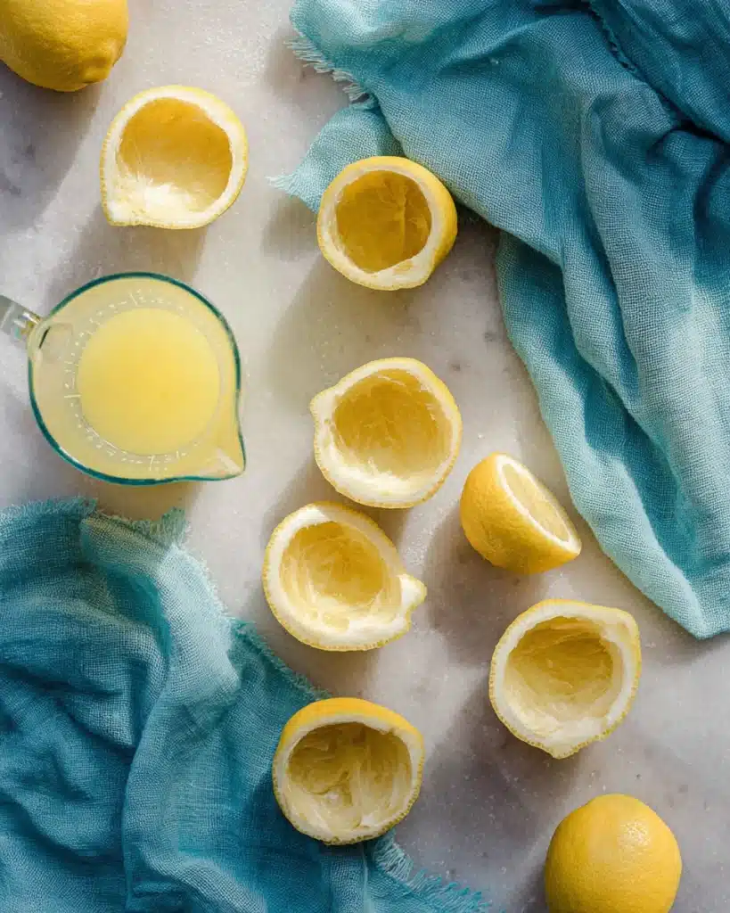 Juiced lemon halves and lemon juice for homemade lemonade on marble surface