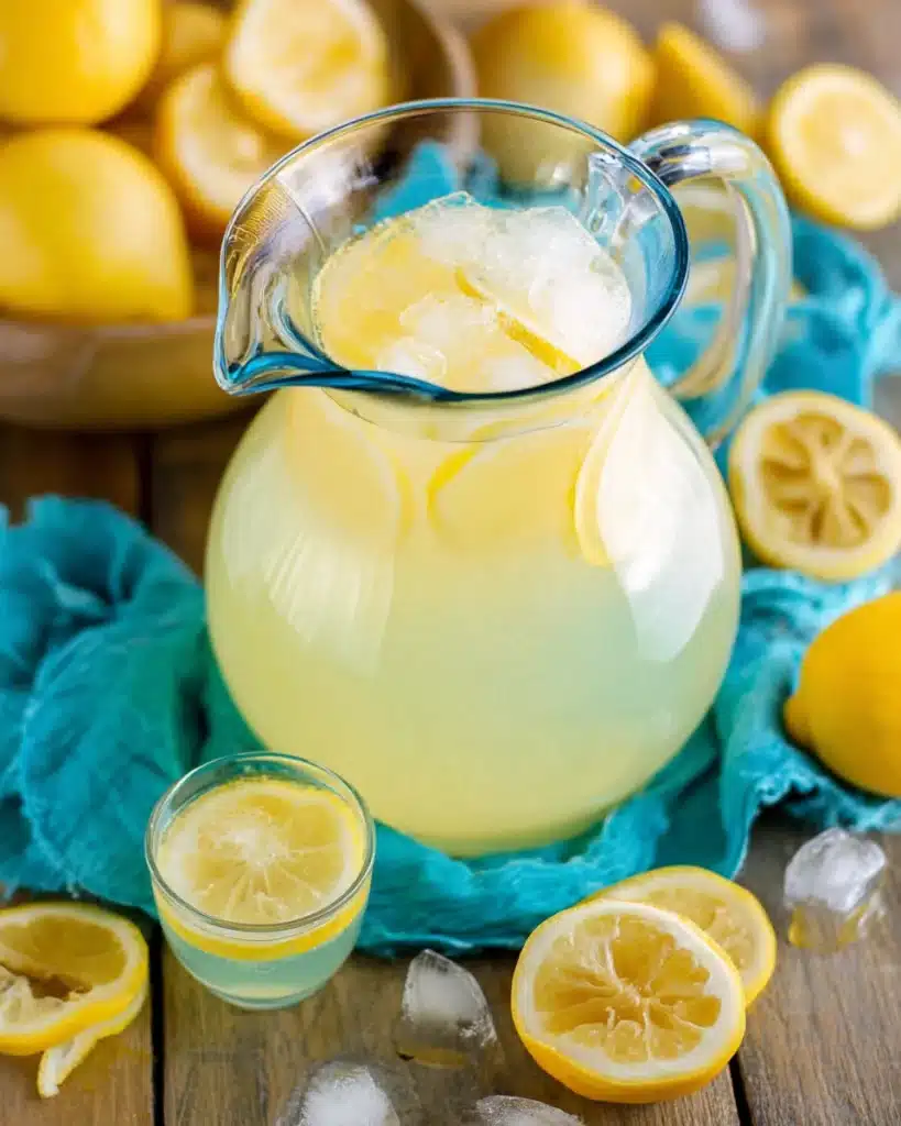 Glass pitcher of chilled homemade lemonade with ice and lemon slices