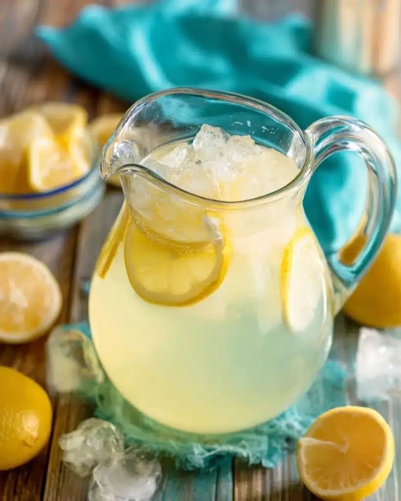 Homemade lemonade in a glass pitcher with ice and lemon slices on a rustic table