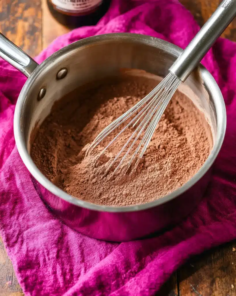 whisking cocoa powder in stainless steel saucepan for hot cocoa recipe