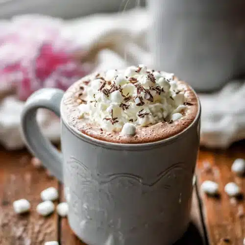 hot cocoa with whipped cream, marshmallows, and chocolate shavings in gray mug on rustic table