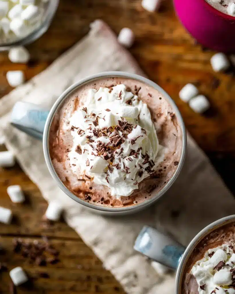 mug of hot cocoa topped with whipped cream, marshmallows, and chocolate shavings