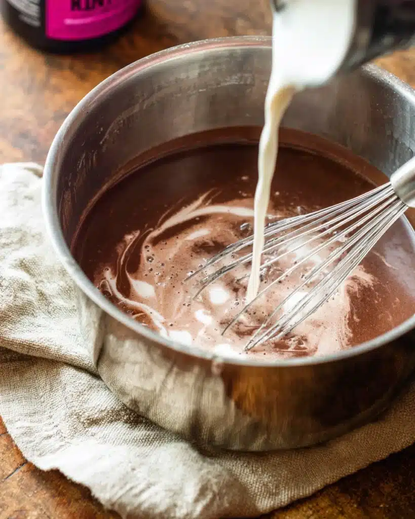 pouring milk into saucepan with chocolate mixture for homemade hot cocoa