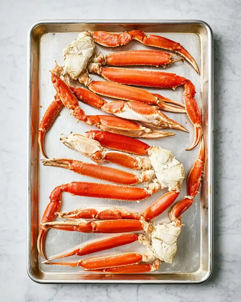 Baked crab legs on a silver baking sheet
