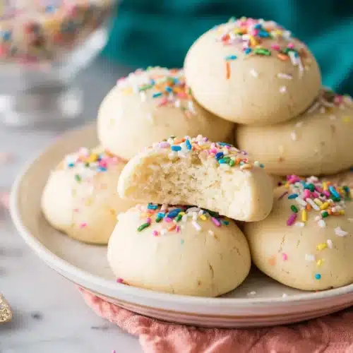 Italian Cookies 5 Soft Italian cookies with glaze and rainbow sprinkles stacked on a plate with one cookie bitten.