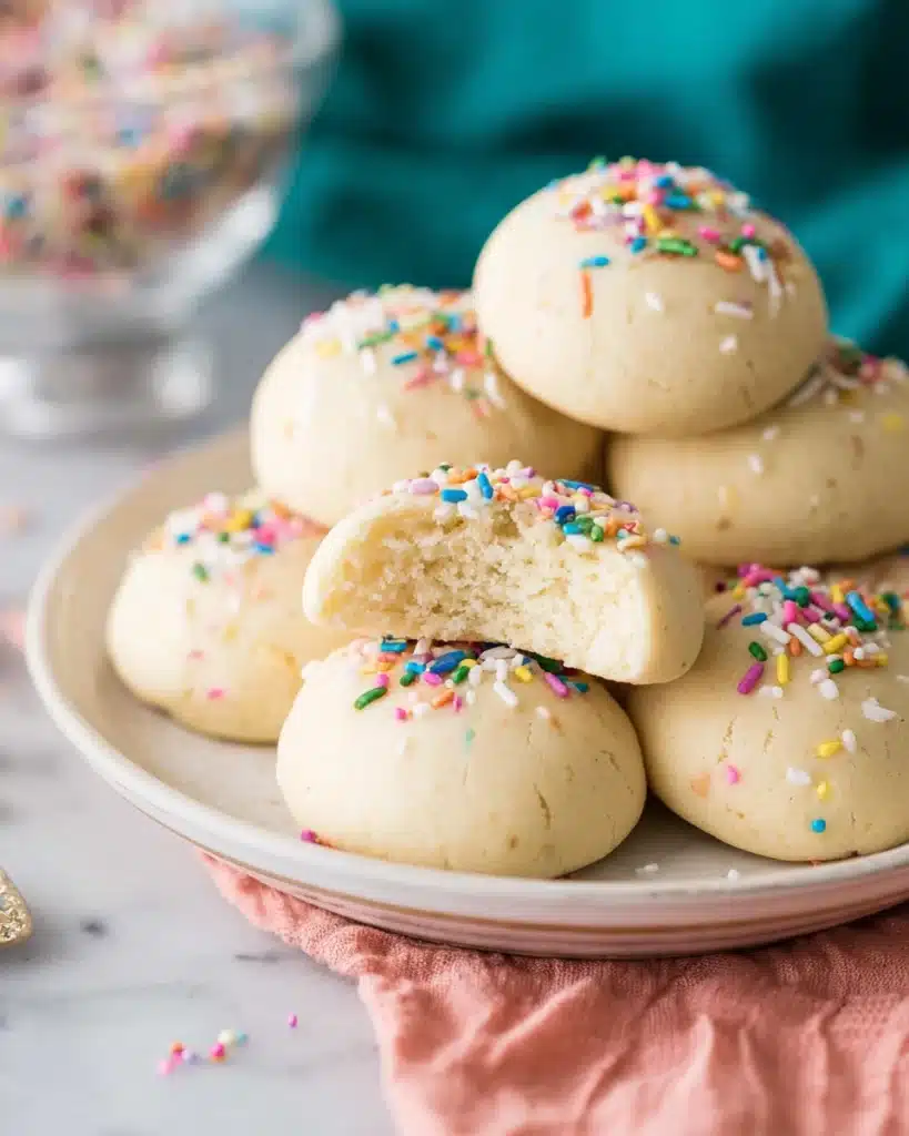 Italian Cookies 1 Soft Italian cookies with glaze and rainbow sprinkles stacked on a plate with one cookie bitten.