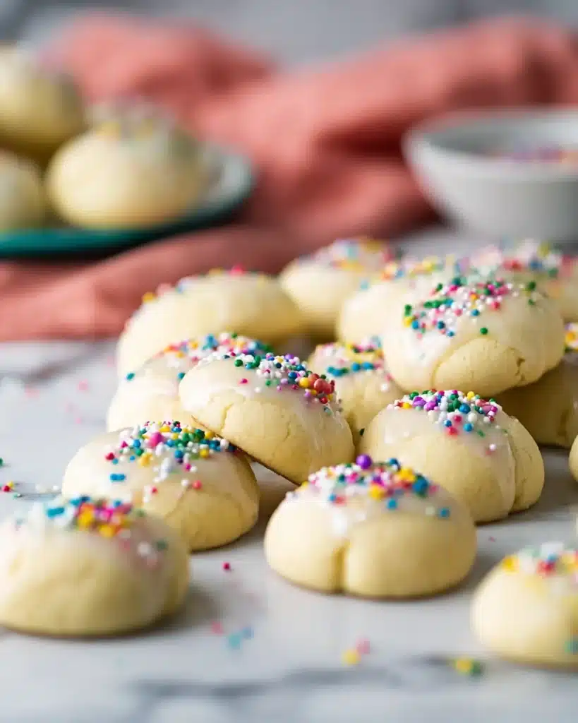 Italian Cookies 4 Soft Italian cookies with glaze and colorful sprinkles drying on a marble surface.