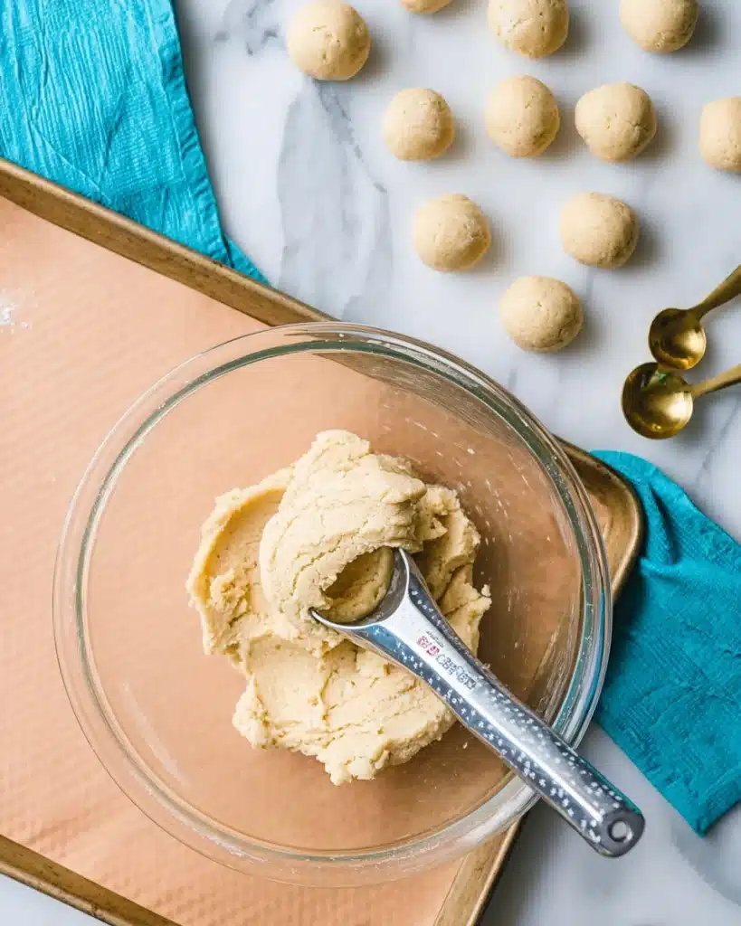 Italian Cookies 2 Italian cookies dough being scooped and shaped onto a baking sheet for Christmas cookie preparation.