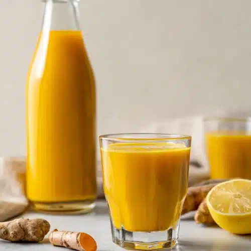 Glass of golden Jamu Juice with turmeric, ginger, and lemon on a white surface