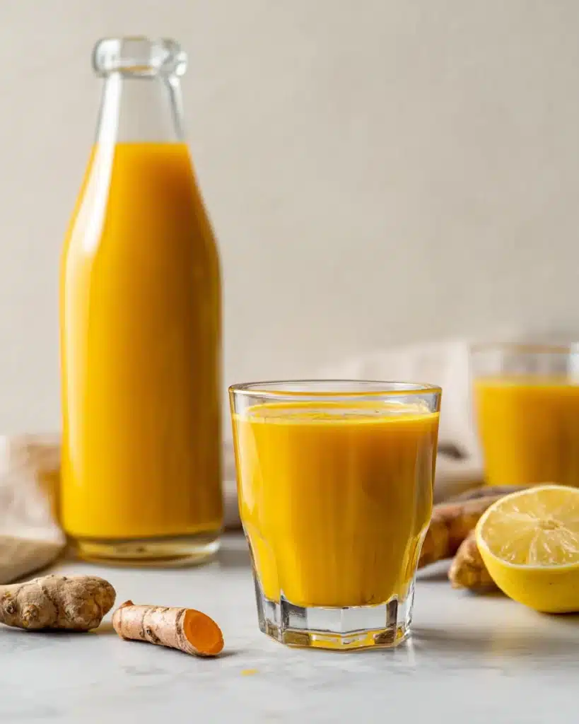 Glass of golden Jamu Juice with turmeric, ginger, and lemon on a white surface