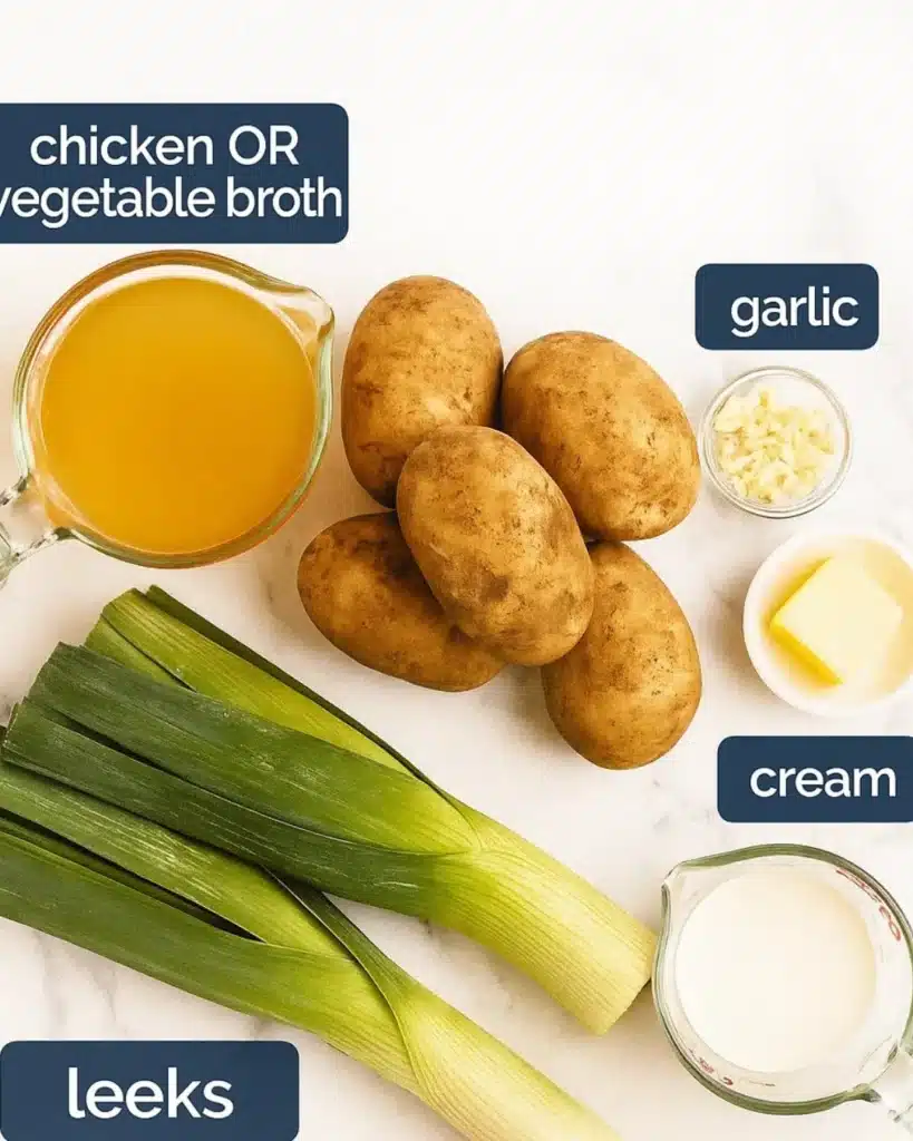 Leek and Potato Soup 2 Leek and potato soup ingredients on marble counter